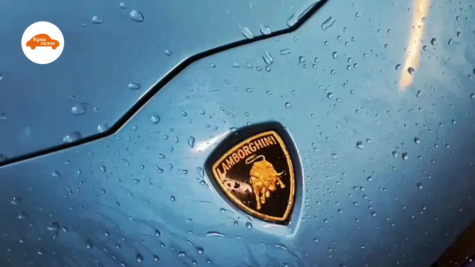 Капот Lamborghini синего цвета в каплях воды, оклеенный защитной пленкой
