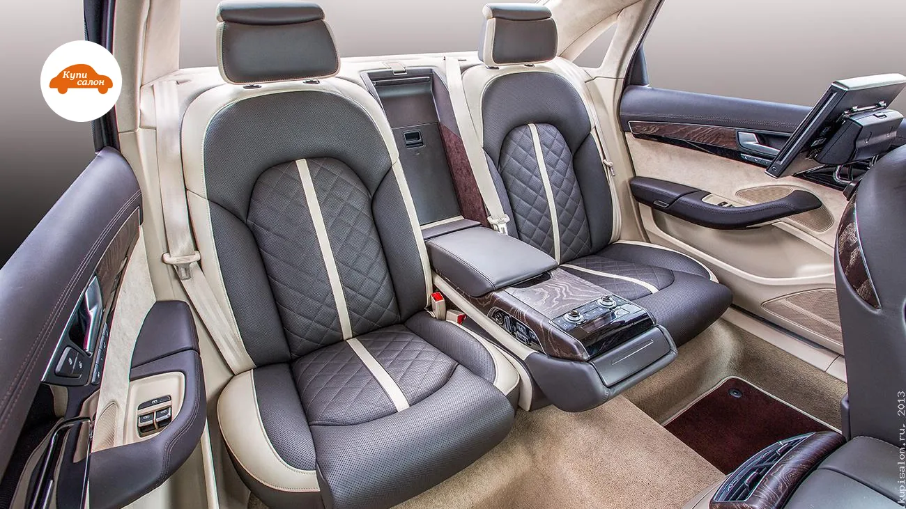 Перетяжка салона Audi A8, задний ряд сидений, подголовники, центральный подлокотник, дверные карты, кожа, перфорация, бежевый, коричневый