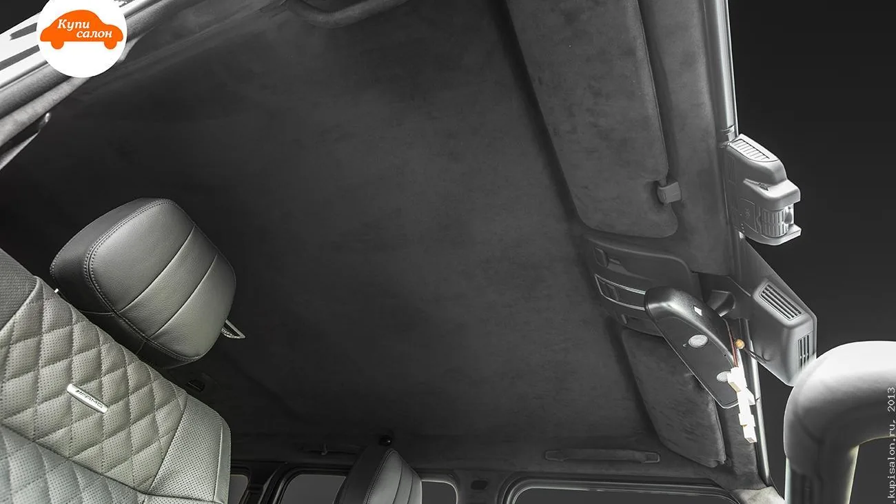 Перетяжка потолка и стоек в черную алькантару, подголовники в черную кожу