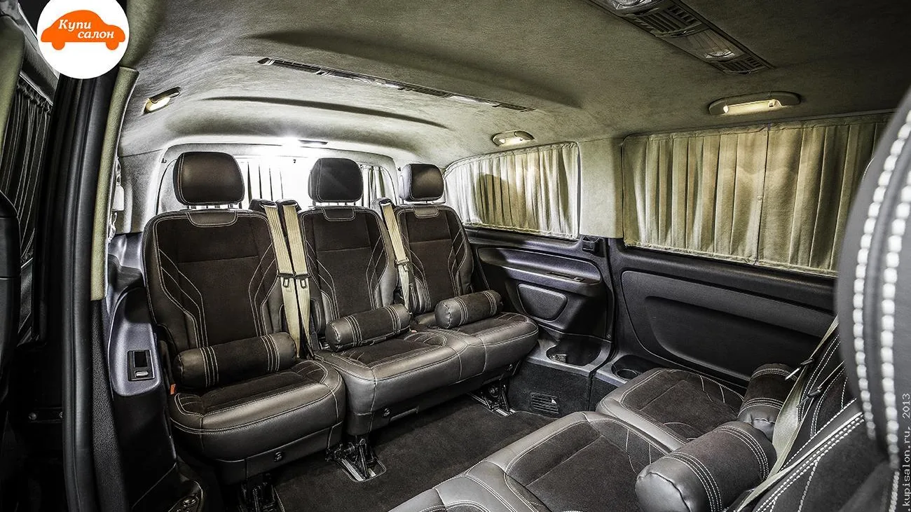 Салон Mercedes-Benz Vito после перетяжки: сиденья в коже и алькантаре, потолок в алькантаре, шторки на окнах — работа КупиСалон