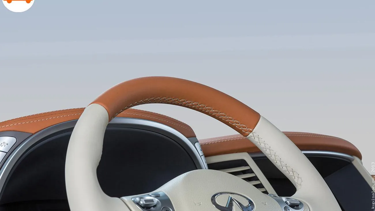 Перетяжка руля Infiniti в коричневую и бежевую кожу с декоративной строчкой