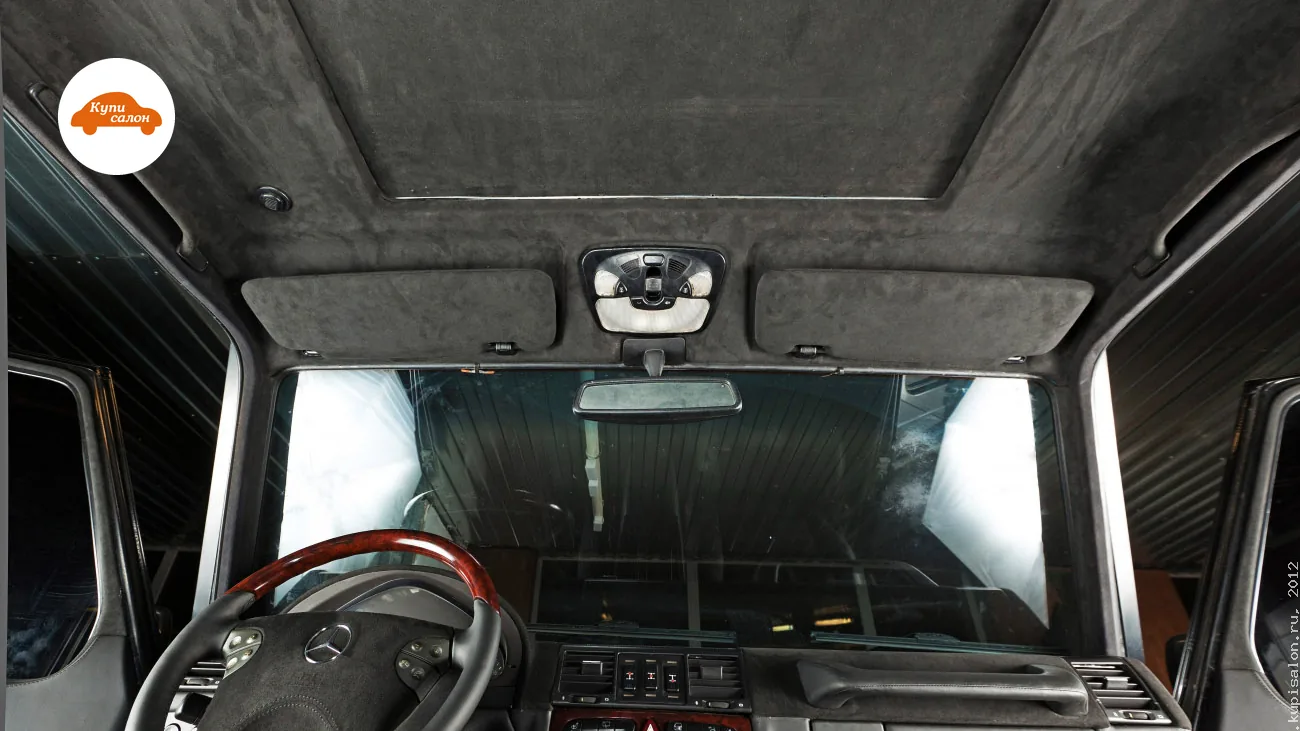 Перетяжка потолка, стоек, козырьков и руля в Mercedes-Benz G-Class, алькантара, кожа, дерево, черный цвет