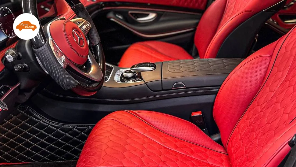 Салон Mercedes-Benz S-Class: красная обивка передних сидений с фигурной стёжкой — фото КупиСалон
