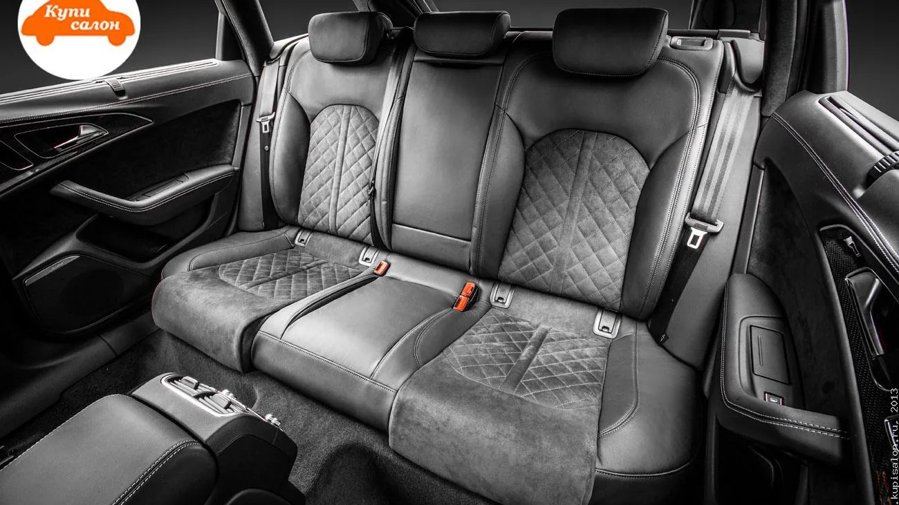 Перетяжка заднего ряда сидений и дверных карт в Audi, кожа и алькантара, черный и серый, ромб
