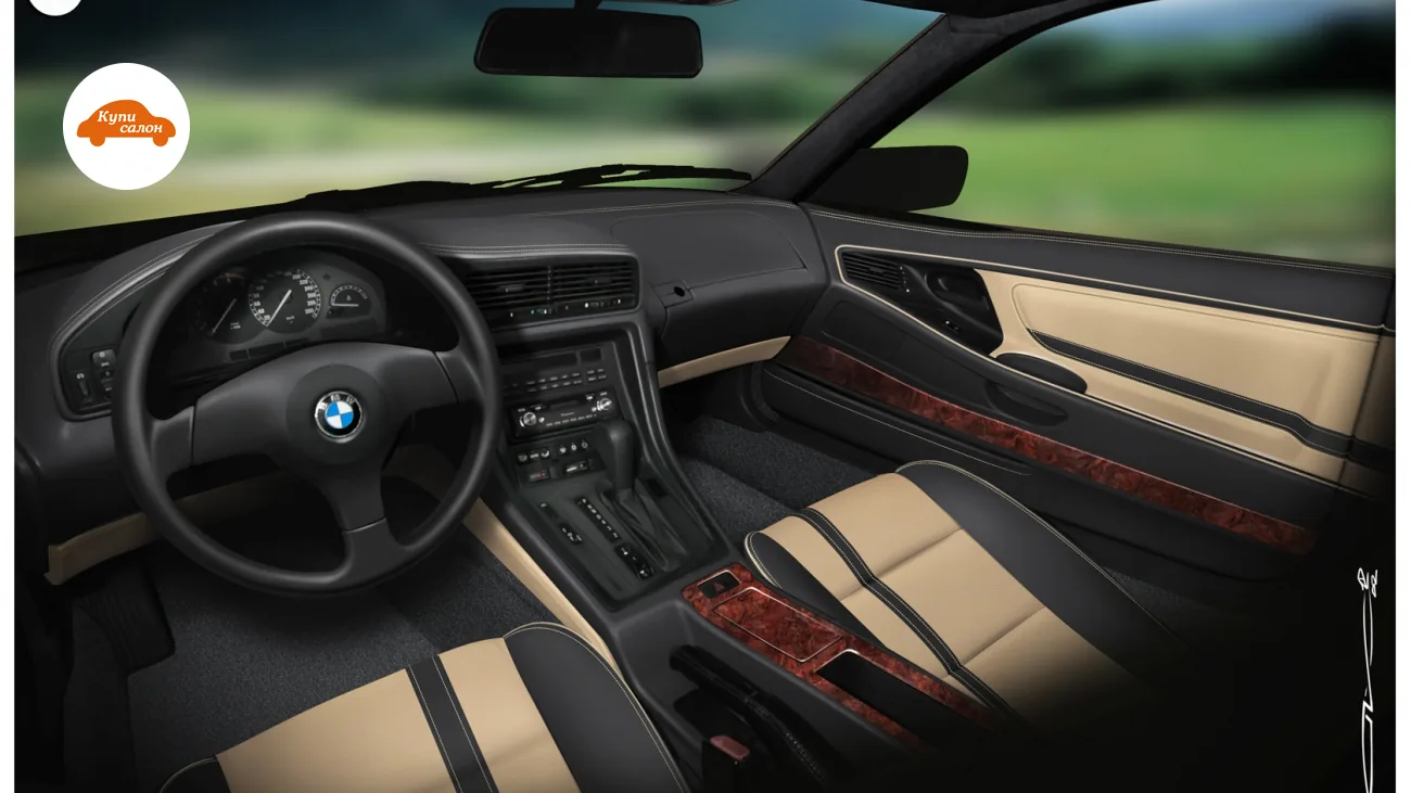 Интерьер BMW с перетянутым салоном из кожи бежевого и черного цвета с деревянными вставками.
