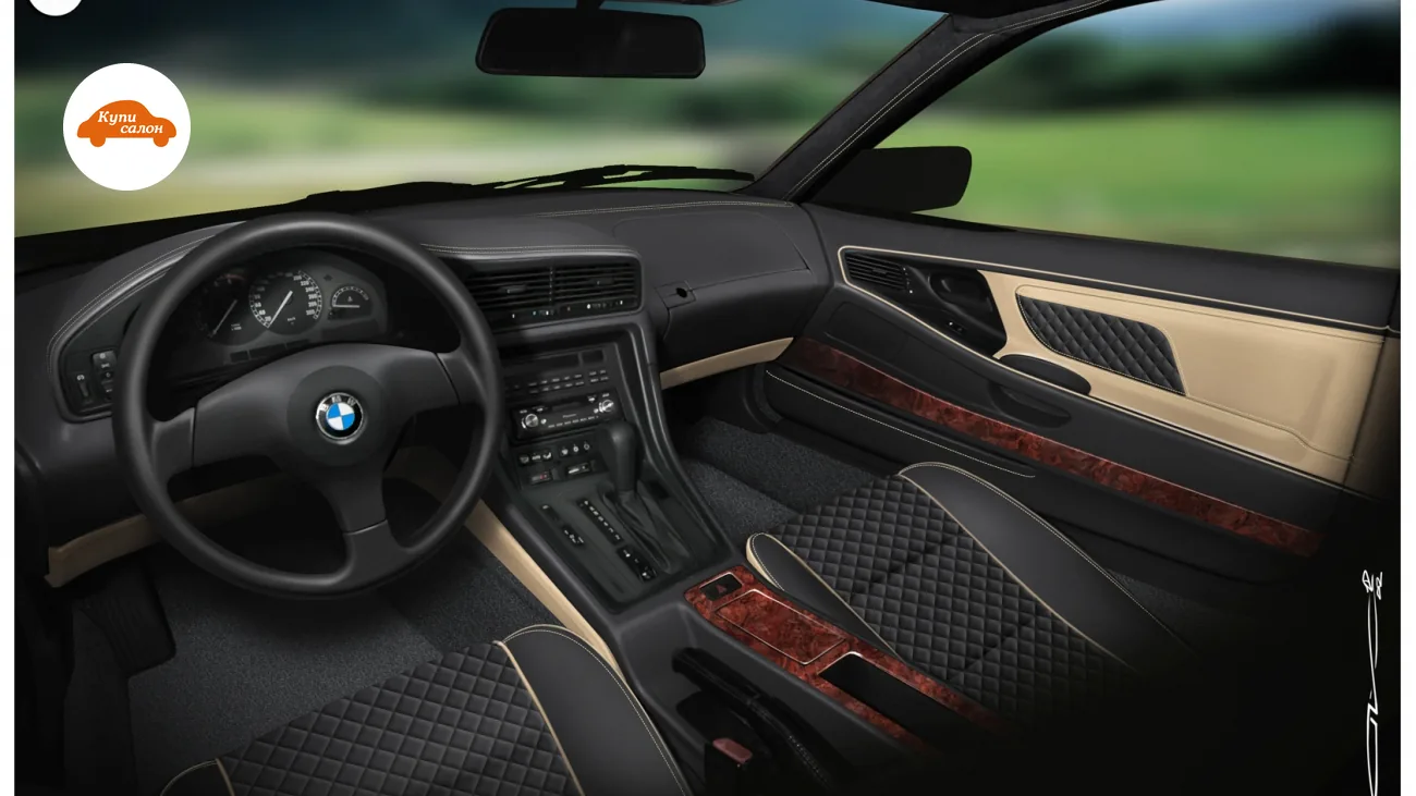 Перетяжка салона BMW: сиденья и дверные карты с ромбовидной прострочкой, деревянные вставки, черная кожа и бежевая экокожа