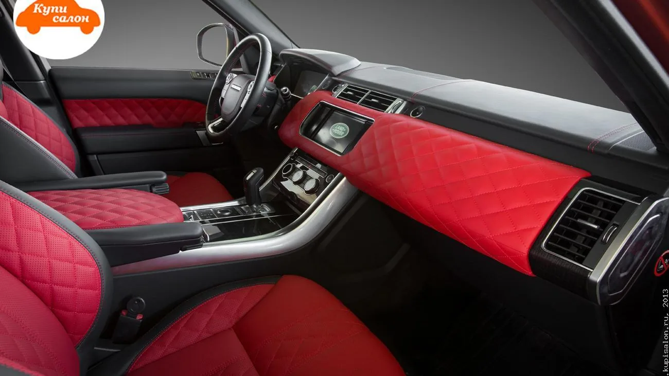 Перетяжка салона Land Rover Range Rover Sport красной кожей с ромбовидной прострочкой и черной кожей