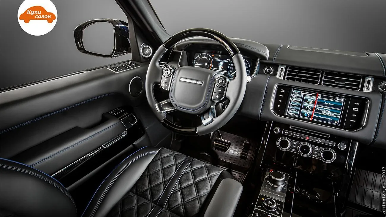 Перетяжка салона Range Rover черной кожей с ромбовидной прострочкой и синей строчкой