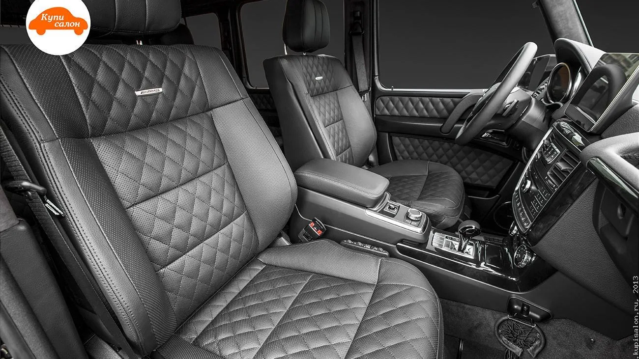 Перетяжка салона Mercedes-Benz G-Class, кожа черная, ромб, перфорация, строчка
