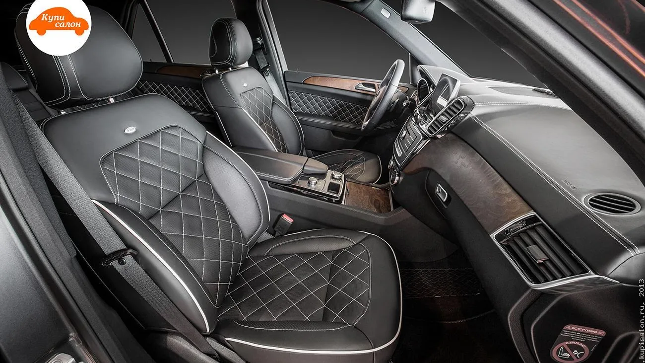 Перетяжка сидений Mercedes-Benz GL-Class черной кожей с ромбовидной строчкой и белым кантом