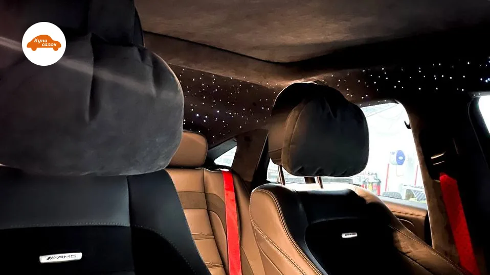 Звездное небо в салоне Mercedes-AMG, перетяжка сидений и подголовников, кожа, алькантара, черный, бежевый